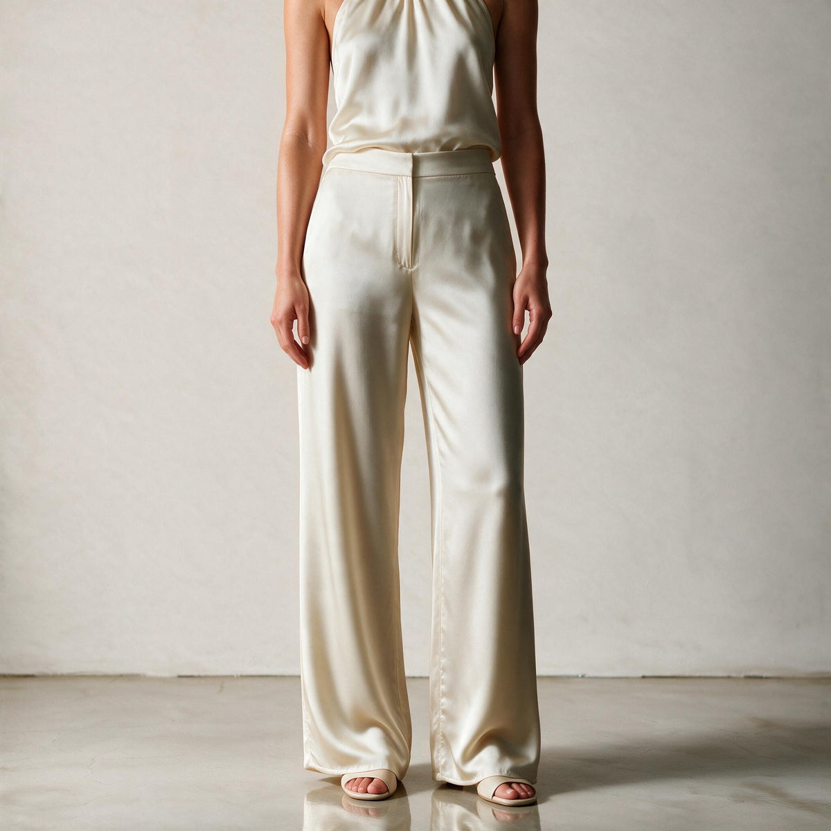 holden and hunt - champagne silk trousers - front
