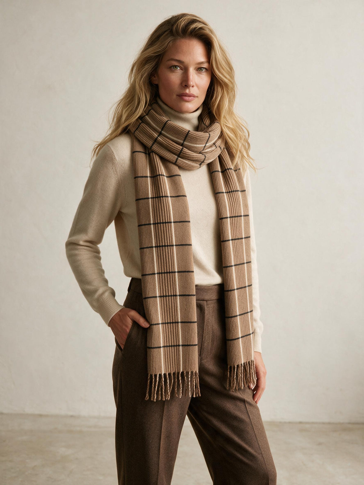 Camel check Escorial wool scarf by Holden & Hunt