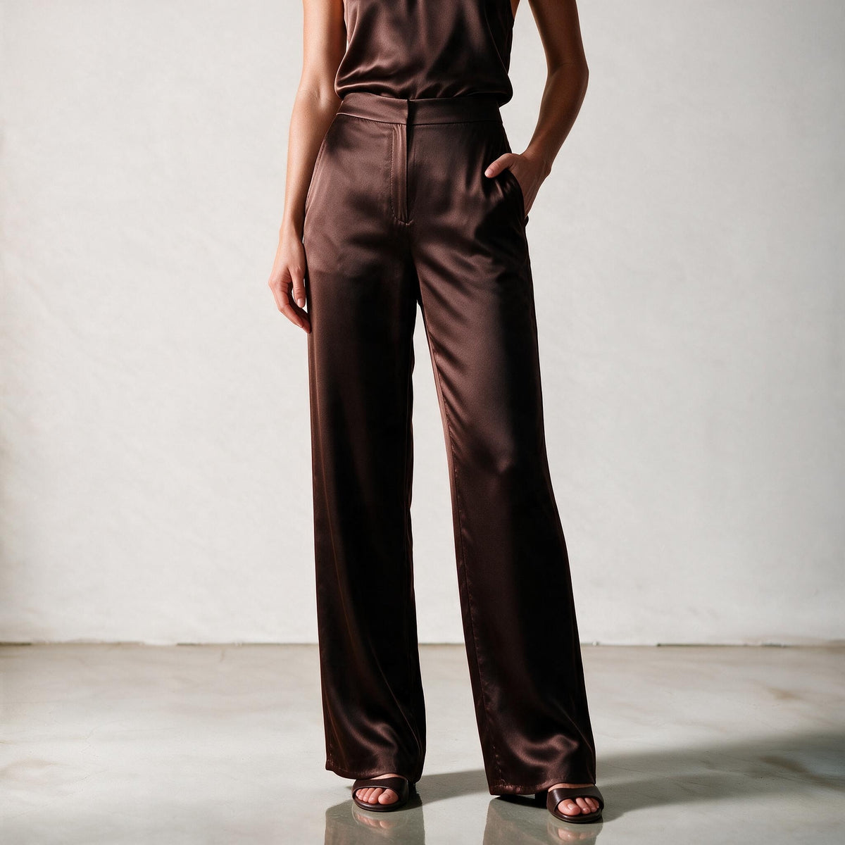 holden and Hunt - chocolate silk trousers - front