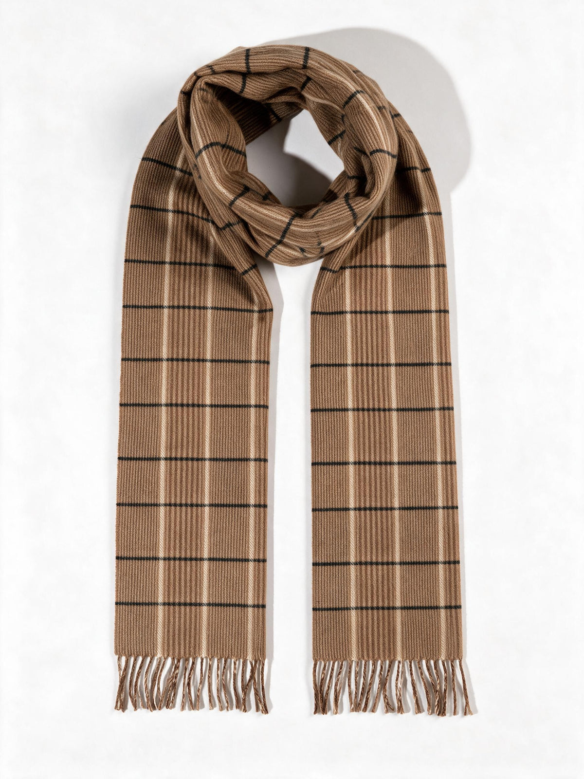 Camel windowpane check wool scarf