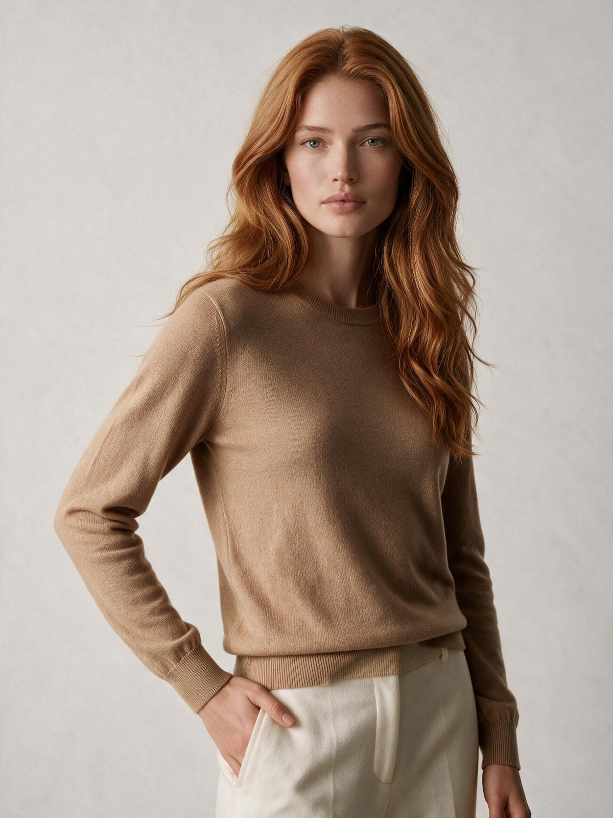 Camel 100% cashmere round neck jumper